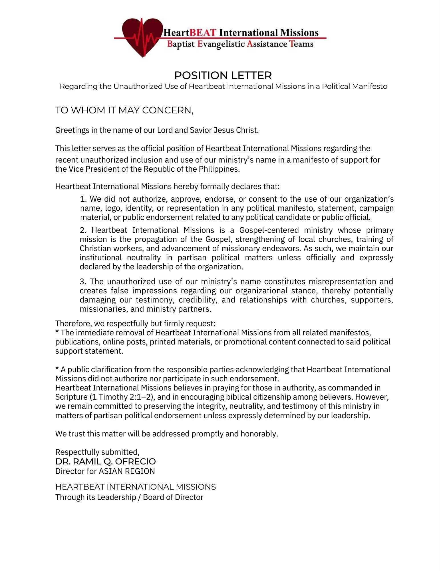 MANIFESTO OF SUPPORT PARA KAY VP SARA DUTERTE NG BAPTISTS PASTORS, HINDI AWTORISADO NG ISA NILANG GRUPO