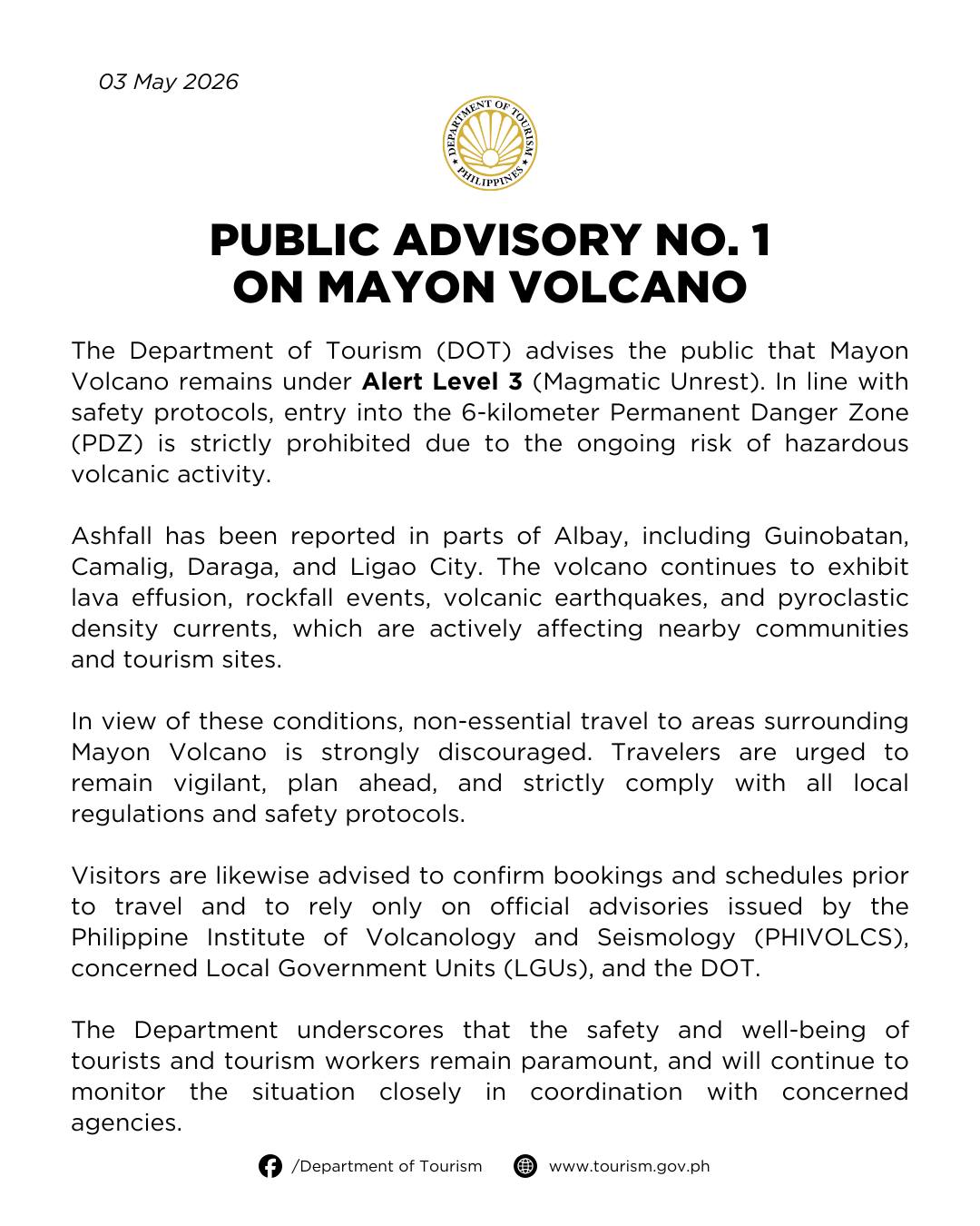 NON-ESSENTIAL TRAVEL MALAPIT SA MAYON VOLCANO, SINUSPINDE NG DOT