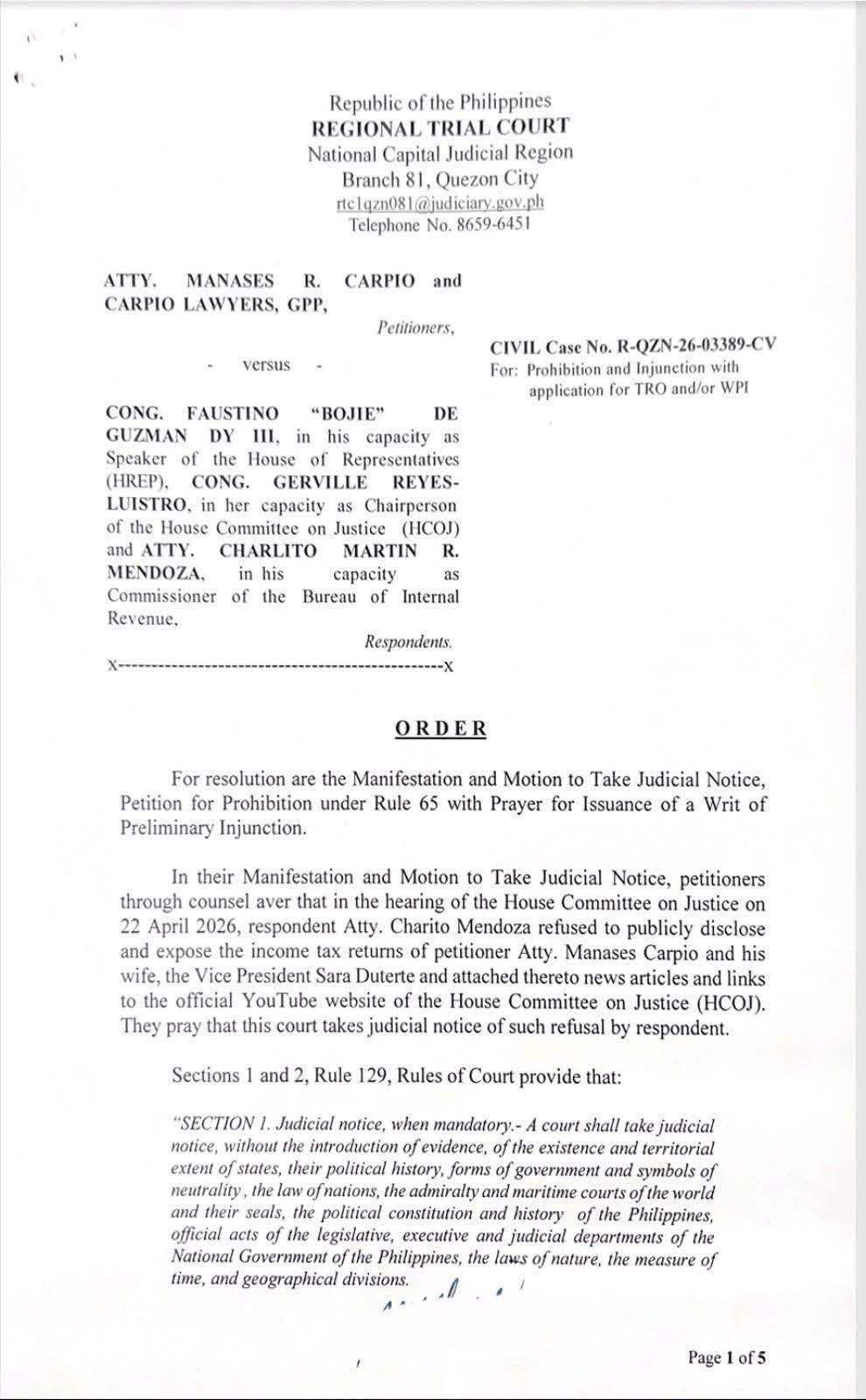 HIRIT NA IPATIGIL ANG IMPEACHMENT PROCEEDINGS LABAN KAY VP SARA, IBINASURA NG KORTE SA QUEZON CITY