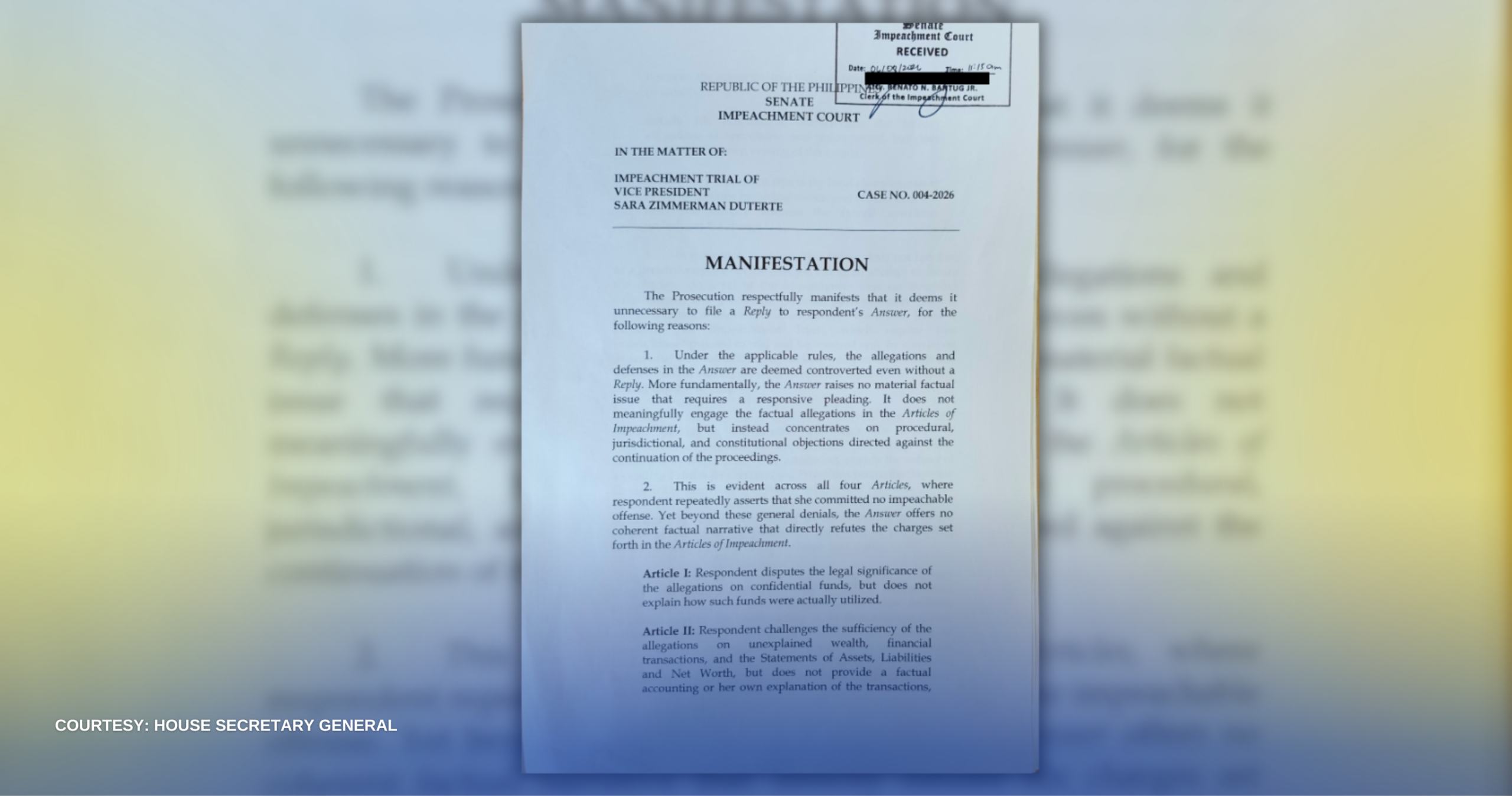 5-PAHINANG MANIFESTATION, INIHAIN NG HOUSE PROSECUTION PANEL SA IMPEACHMENT COURT