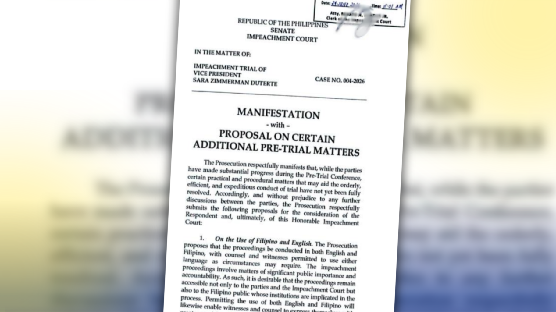 MANIFESTATION PARA SA APAT NA KARAGDAGANG PRE-TRIAL MEASURES, ISINUMITE NG PROSEKUSYON SA SENATE IMPEACHMENT COURT