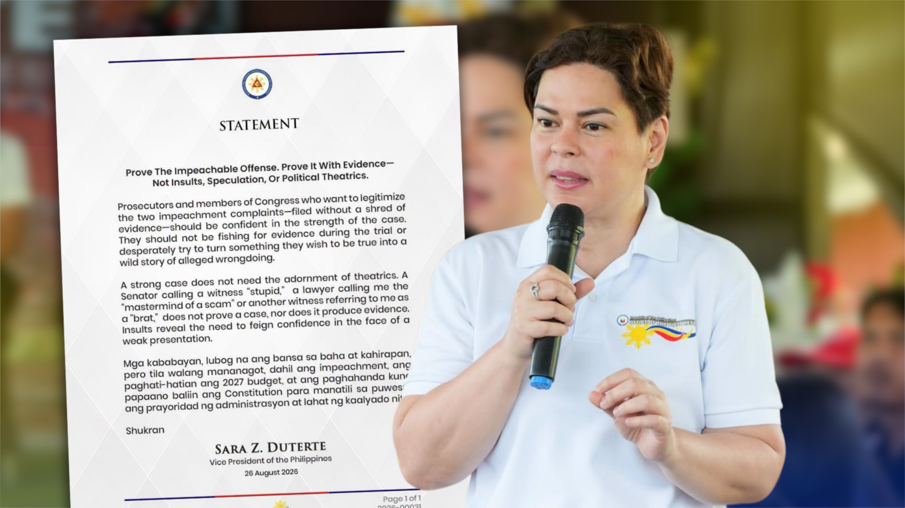 IMPEACHMENT CASE, DAPAT PATUNAYAN SA PAMAMAGITAN NG MGA EBIDENSYA AT HINDI NG MGA PANG-IINSULTO, AYON KAY VP SARA DUTERTE